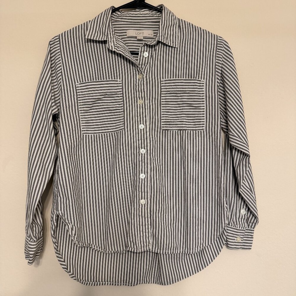 Loft Women's Gray & White Stripe Button Up Long Sleeve Blouse Pockets Size XXSP